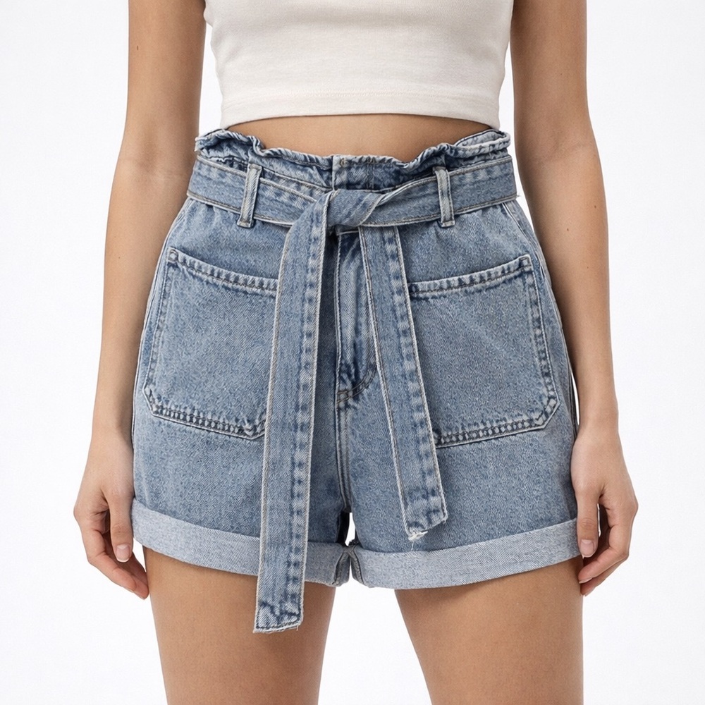 Zara High Rise Belted Paper-bag Denim Shorts Size 0 NWT